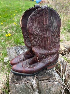 Western Cowboy Boots Brown Leather Made in USA Womens 7 1/2